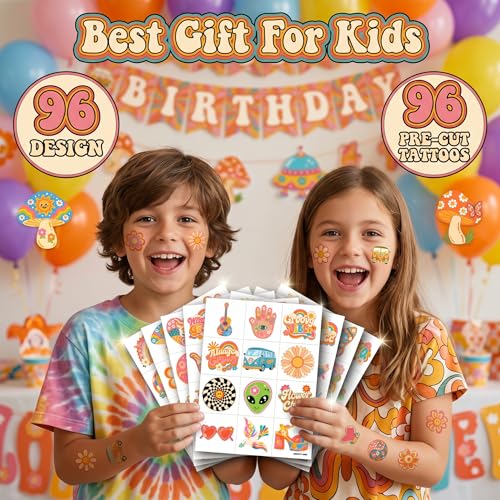 96 PCS Groovy Retro 70s Temporary Tattoos for Kids
