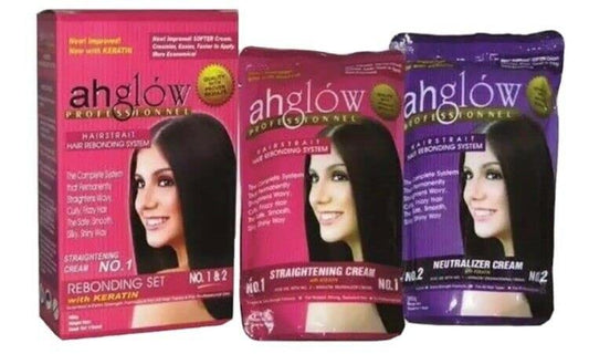 AHGLOW Hair Straightening and Rebonding System with KERATIN. Extra Strength Formula. The Complete System that Straightens Wavy, Curly, Frizzy Hair the Smooth, Silky, Shiny Way! 165 gram pouches