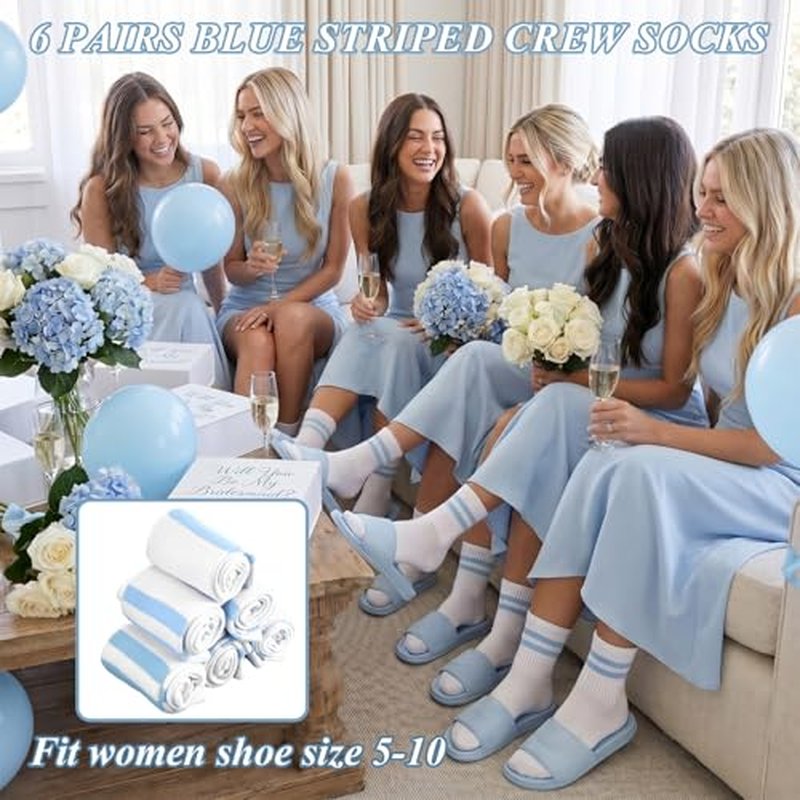6-Piece Bridesmaid Proposal Gift Set – Blue Striped Makeup Bags, Socks & Brush