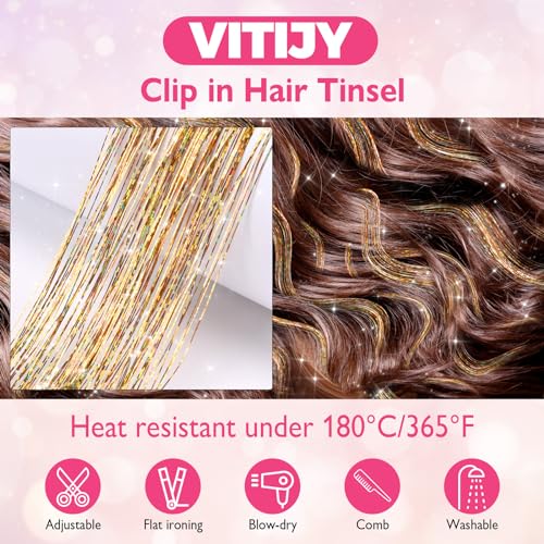 Pack of 18 Pcs Clip in Hair Tinsel Kit, 23.6 Inch Heat Resistant Glitter Tinsel Hair Extensions, Fairy Hair Sparkle Strands Party Birthday Gift Hair Accessories for Women Girls Kids(Gold)