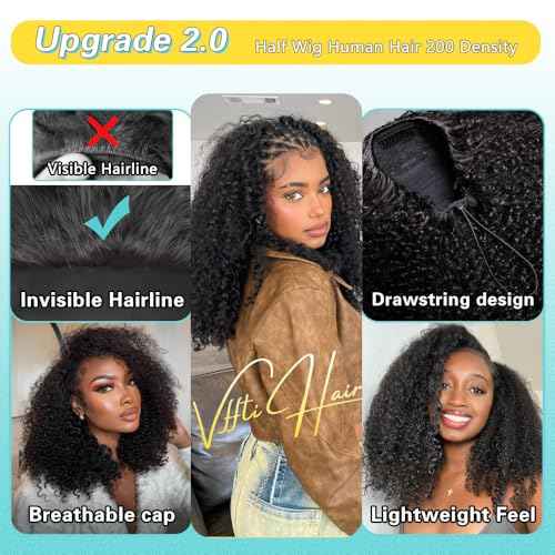 Kinky Curly Half Wig Human Hair 200 Density 3 In 1 Drawstring Seamless Flip Half Wigs Wear Go Glueless Wigs Human Hair 18 Inch Curly Half Wig for Women Drawstring Headband Wig Beginner Friendly