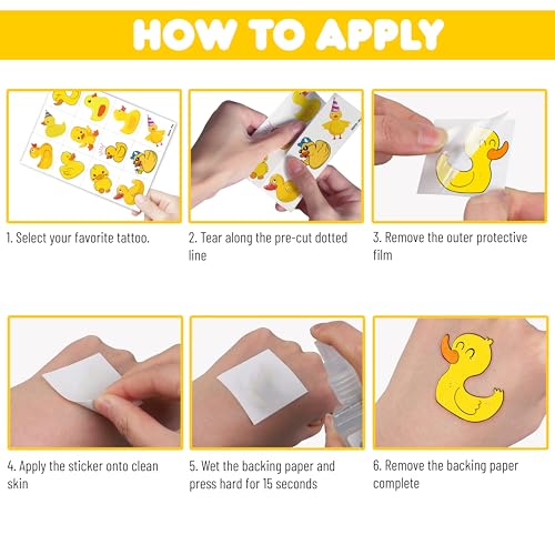 96 PCS Rubber Duck Pre-Cut Temporary Tattoos Themed Birthday Party Decorations Supplies Favors Decor Little Yellow Ducky Tattoo Stickers Gifts For Game Boys Girls Classroom School Prizes