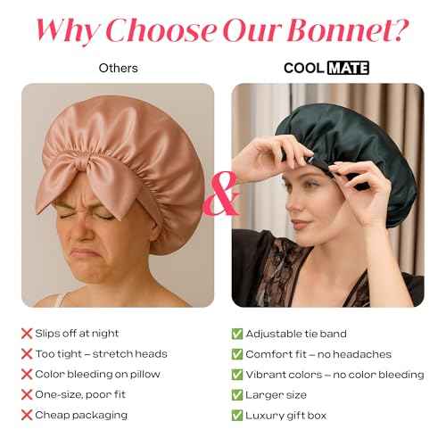 CoolMate Adjustable Satin Silk Bonnet for Sleeping Women, Tie Double Lined Silk Bonnet for Women Long Hair