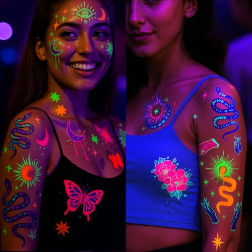 UV Neon Temporary Tattoos - 12 Sheets Glow in Dark