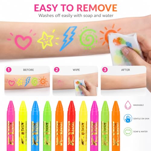 UV Neon Face & Body Paint Sticks – 10 Glow Colors