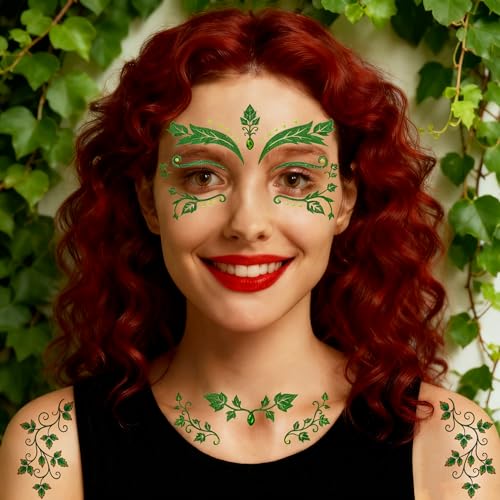 Ivy Face Sticker Set with Face Paint Temporary Tattoos and Green White Face Gems, Glitter Ivy Accessories for Halloween Costume, Cosplay Festival Makeup for Women Girls (A)