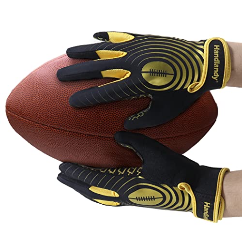 HANDLANDY Youth Football Gloves, Sticky Wide Receiver Gloves for Kids & Adult, White and Gold Stretch Fit Football Gloves (Black and Gold, XX-Large)