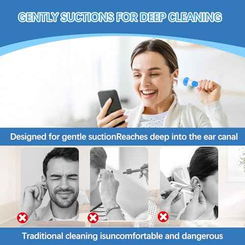 Ear Vacuum Ear Wax Removal Kit, Electric Ear Wax Vacuum with Strong Suction, Soft Silicone Tips, Ear Vacuum Wax Remover Tool with 2 Replacement Heads for Family Use ? Himmelblau