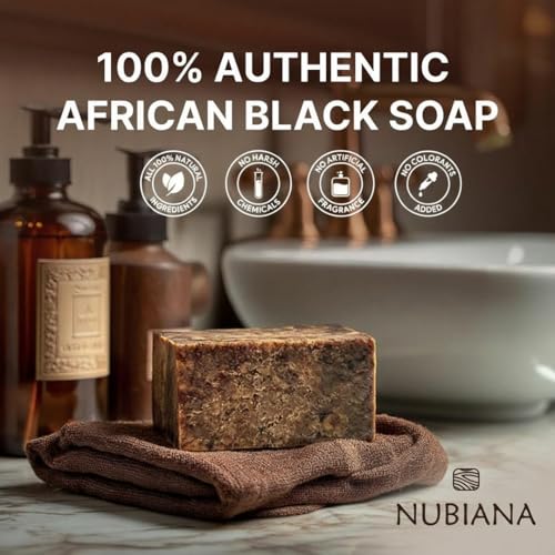 Nubiana Raw African Black Soap Bar 8oz - 100% Authentic from Ghana | Handmade Unrefined Shea Butter Soap with Cocoa Pod Ash | Deep Cleansing Face Wash Bar & Body Wash - No Added Scent
