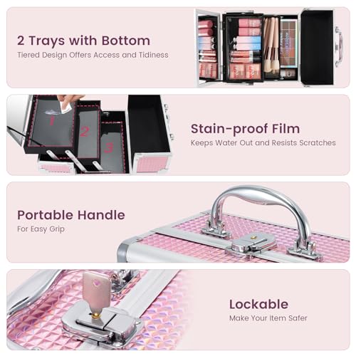 Shiny Pink Makeup Train Case with Mirror & Lock | 9x6x6