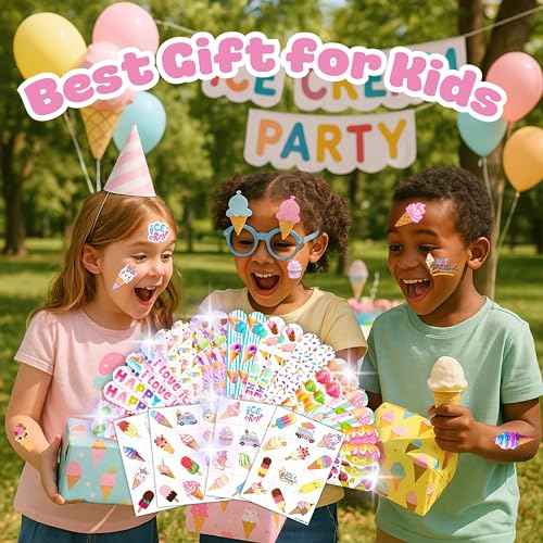 72 PCS Ice Cream Party Set - 48 Temporary Tattoos & 24 Slap Bracelets - Perfect for Themed Parties, Baby Showers, Classroom Rewards & Gifts for Kids
