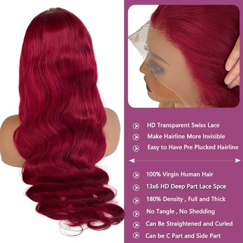 Ubetta 99j Burgundy Lace Front Wigs Human Hair,20 Inch Red Burgundy Wig Glueless 13x6 Body Wave Lace Front Wigs Human Hair Pre Plucked 180 Density 99J Red Burgundy HD Lace Frontal Wig for Black Women