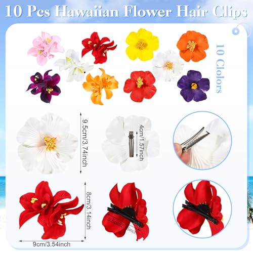 Hawaiian Flower Hair Clips - 10 Pc Set with Hibiscus & Plumeria