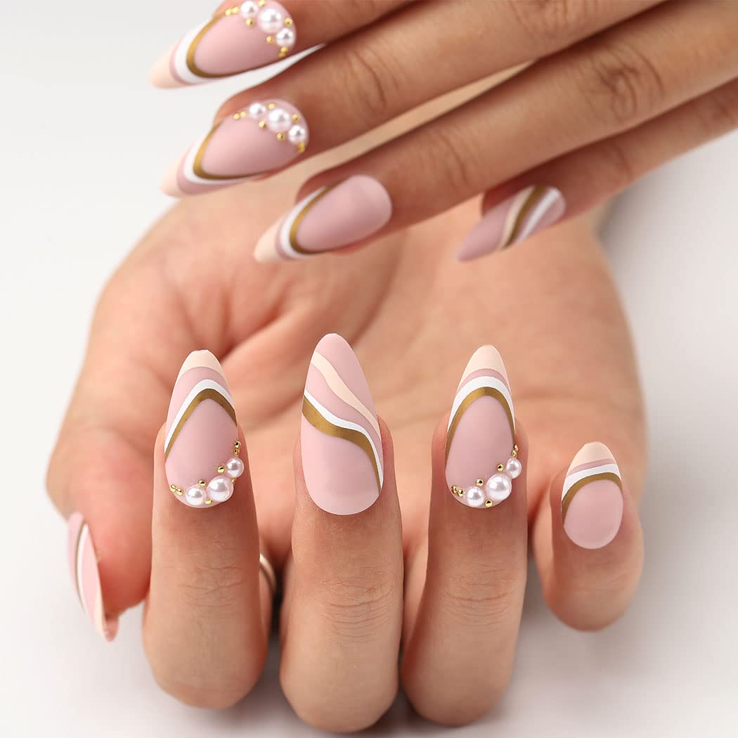 Outyua Pearls Matte Almond Press on Nails Nude Medium Length False Nails with Designs Acrylic Nail Tips Artificial Fake Nail with Adhesive 24Pcs for Women and Girls (Pearl)