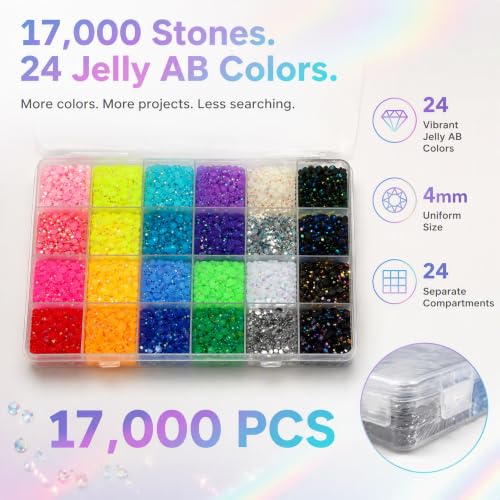 Worthofbest 17000Pcs 4mm Jelly AB Rhinestones Kit – 24 Colors + Mix Colors, 24 Grids Box, 3 B7000 Glue, Tools