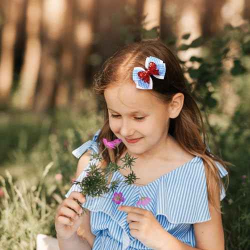 2PC Blue White Gingham Hair Bow Clips 3.5 Inch Checker Pigtail Bows Wizard Hair Accessories
