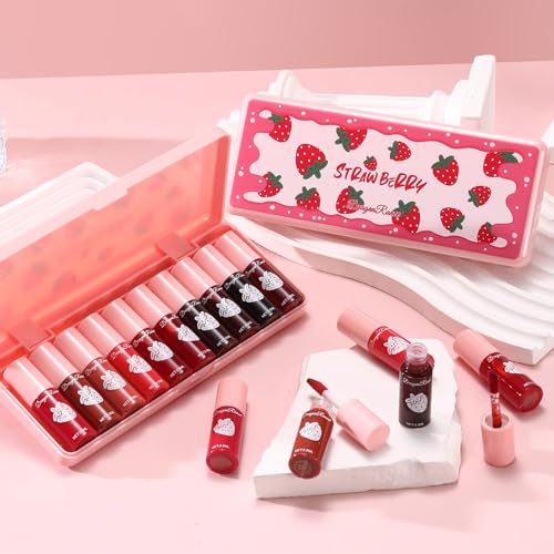 10 Pcs Lip Tint Set Cute Glossy Lip Stains and Matte Lipsticks with Long-lasting and Quick-drying Mini Lip Gloss Lipstick for Makeup Gift (Strawberry, Lip Gloss)