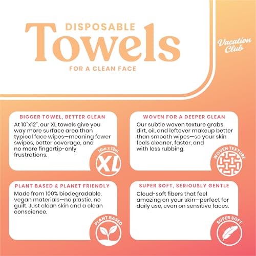 Vacation Club XL Biodegradable Face Towels (50 Count) ? Plant-Based Disposable Facial Wipes for Cleansing, Makeup Removal & Skincare ? Textured, Soft & Eco-Friendly