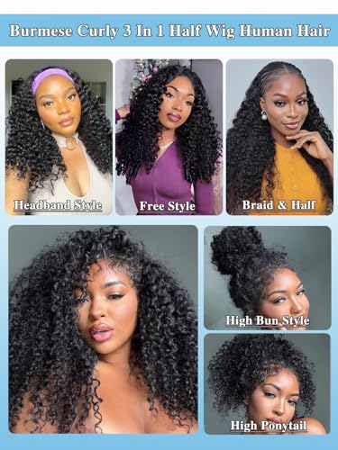 Burmese Curly Half Wig 18" Human Hair Glueless Drawstring