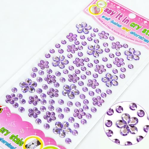 Purple Flower Face Gems Stickers - 2 Sheets Self Adhesive Rhinestones