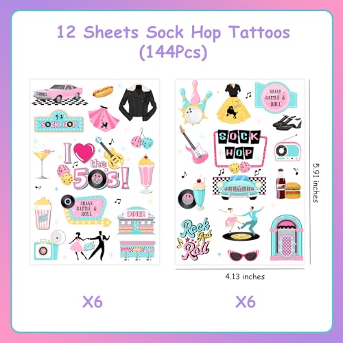 Serencatcher 144pcs 50's Theme Decorations Sock Hop Tattoos, 1950s Shake Rattle Rock and Roll Temporary Tattoos Stickers for Retro Props 50s Sock Hop Party Favors Theme Adult Birthday Party