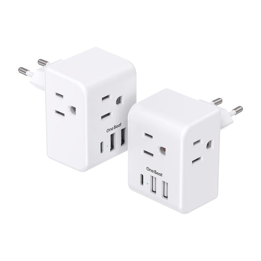 2 Pack European Travel Plug Adapter, International Power Plug Adapter with 3 Outlets 3 USB Charging Ports(1 USB C), Type C Plug Adapter Travel Essentials to Most Europe EU Spain Italy France Germany