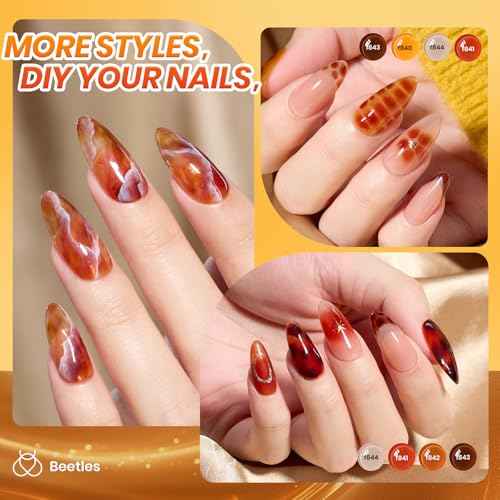 Beetles Fall Gel Nail Polish Set ? Amber Chic Jelly Gel Polish with Blooming Gel for Marble Effects, 6 Colors Yellow Red Brown Gray Translucent Soak Off UV LED Autumn Nail Art