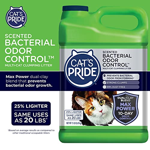 Cat's Pride Max Power: Bacterial Odor Control - Up to 10 Days of Powerful Odor Control - Strong Clumping - 99% Dust Free - Multi-Cat Litter, Scented, 15 Pounds (Pack of 2)