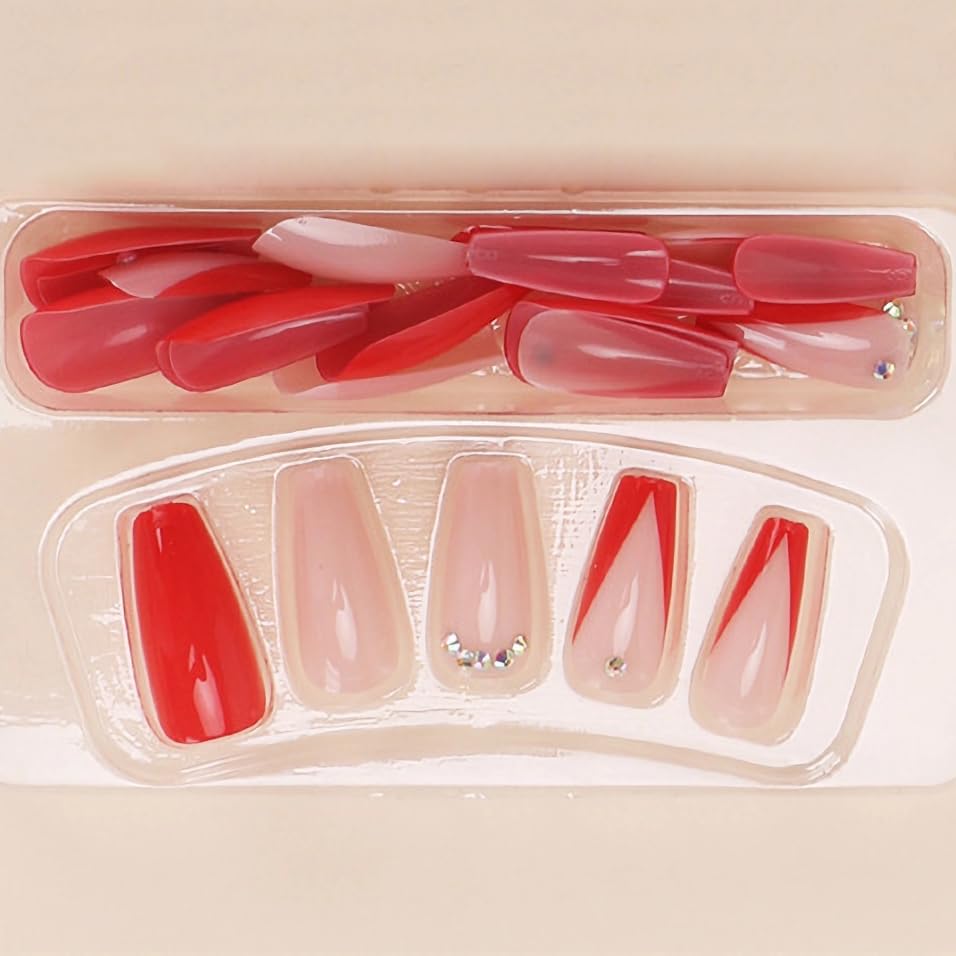 MERVF Long Press on Nails Coffin Fake Nails Press ons Red French Tip Glue on Nails Classic Ballerina Acrylic False Nails with Rhinestones Design Glossy 24pcs