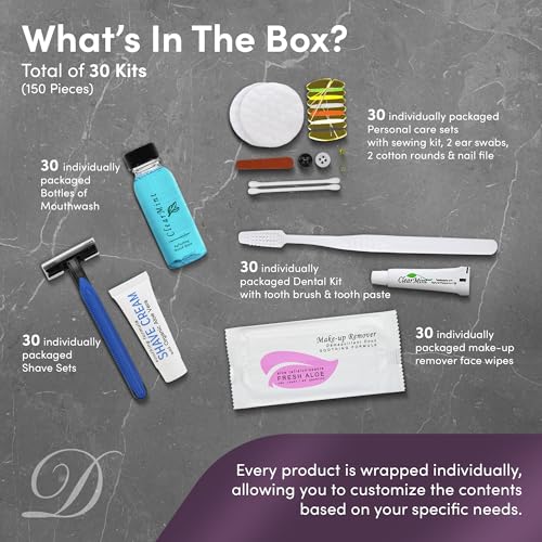Personal Care Travel Toiletries | 1-Shoppe Amenities Kit | Travel Shaving Set, Toothbrush & Paste, Mouthwash, Makeup Wipes, Swabs, Nail File & Sewing Kit | 150 Pieces