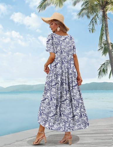 YESNO Women Casual Loose Bohemian Floral Dress with Pockets Short Sleeve Long Maxi Summer Beach Swing Dress S EJF CR148