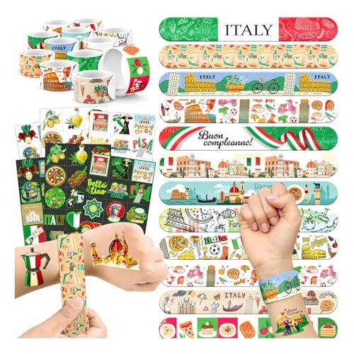 Italy Party Favors Set - 72 Tattoos & 24 Slap Bracelets