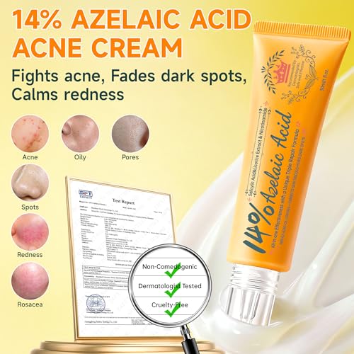 14% Azelaic Acid Acne Cream - Dark Spot Remover for Face, Acne Treatment & Spot Care Salicylic Acid & Niacinamide ? Redness Reducing Skin Care, Evens Tone & Soothes Irritation, Rosacea - 2 Pcs.1oz