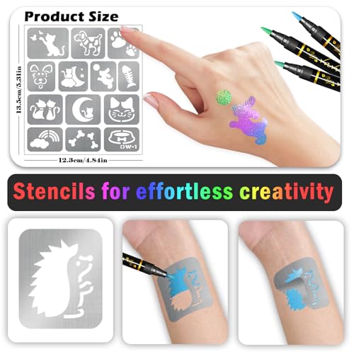 Temporary Tattoo Markers for Kids, 8 Metallic Markers and 135+ Temporary Tattoo Stencils for Christmas Party Favor, Cosmetic Tattoos Pens for Skin, Cartoon Animal