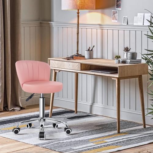 KKTONER Rolling Stool with Backrest Height Adjustable Office Chair PU Leather Swivel Vanity Chair with Wheels (Pink)