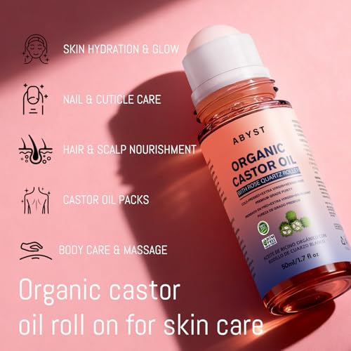 Organic Castor Oil Roll On - Rose Quartz Roller Ball for Face & Body, Skin & Hair Moisturizer, Glass Bottle, Pure & Natural, Cold-Pressed (1)