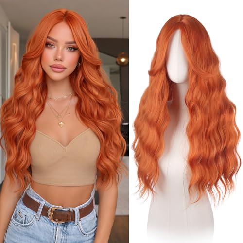 Haloo 26-Inch Red Auburn Wavy Wig with Curtain Bangs for Women