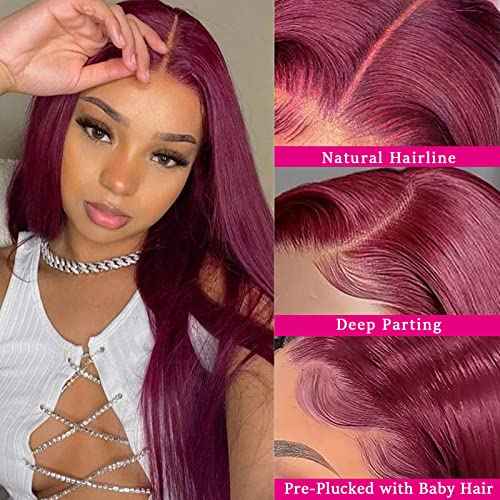 99j Burgundy Straight Lace Front Wigs Human Hair 99J 13X4 HD Transparent Lace Frontal Wigs 180% Density Glueless Pre Plucked with Baby Hair Wigs for Women
