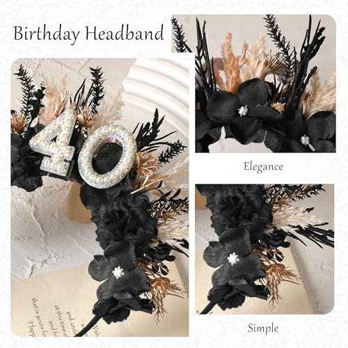 Black 40th Birthday Headband - 40th Birthday Crown for Her Gifts Ideas for Women Friends 40 Years Old Party Accessories