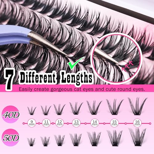 FANXITON DIY Lash Extension Kit Volume Lash Clusters 40D+50D D Curl Individual Lashes Lash Clusters Kit Thick Eyelash Extension Kit 280 pcs Thin Band Cluster Lashes Lash Bond and Seal Lash Tweezers