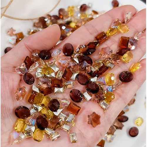 100Pcs Autumn Winter Crystal Brown Orange Yellow Nail Art Rhinestones Pointed Bottom Multi Shapes Nail Supplies Heart Snowflake Maillard Color Diamonds Nail Gem Nail Jewelry for Women Acrylic Supplies