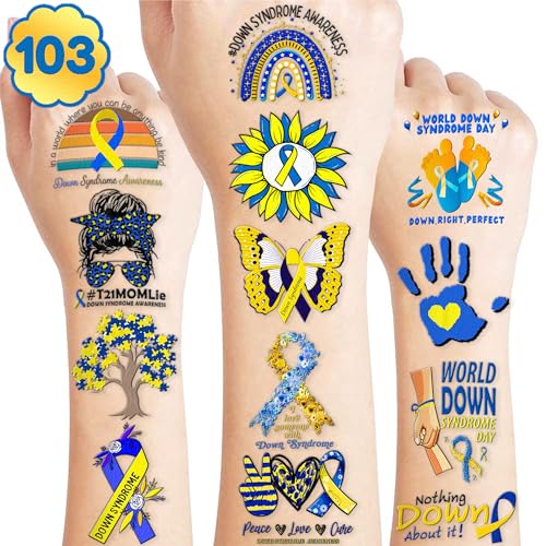 103 PCS Funny Down Syndrome Awareness Temporary Tattoos Stickers Theme Party Decorations Supplies Favors Decor Care Blue Yellow Ribbon Tattoo Sticker Gifts For Boys Girls Class Prizes Carnival