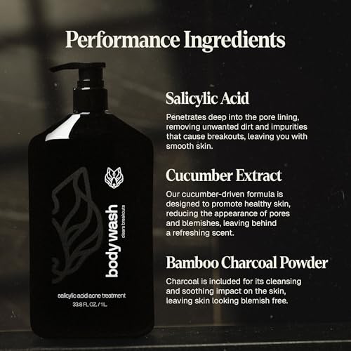 Black Wolf Salicylic Acid Body Wash for Men, 1 Liter - Men's Acne Body Wash - Charcoal Helps Reduce Acne Breakouts & Cleanse Your Skin - Full Coverage & Deep Clean Treatment - Men's Bodywash
