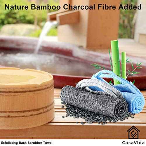 CASAVIDA Back Scrubber for Shower Nylon Bath Towel Washer Exfoliating Washcloth Rear Japanese Stretchable Strap Wash Cloth Body Exfoliation 2 Pack (Blue + Charcoal Gray)
