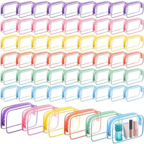Cunno 60 Pcs Clear Toiletry Bag TSA Approved Cosmetic Bag Bulk Makeup Bag Travel Carry Airport Airline Compliant Bag for Women Men Summer Vacation Salon Mother Gift(Bright Color)