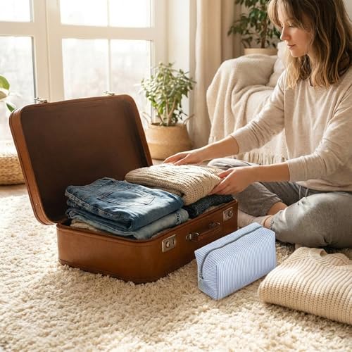 10 Pcs Blue Seersucker Makeup Bags - Travel Cosmetic Organizer