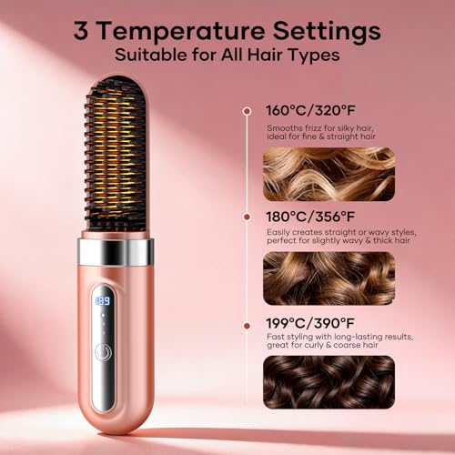 AVVKED Cordless Hair Straightener Brush for Women - Travel Mini Ionic Anti-Frizz Styling Tool with 3 Temp Settings