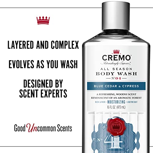 Cremo Rich-Lathering Blue Cedar & Cypress Body Wash for Men, A Woodsy Scent with Notes of Lemon Peel, Cypress and Cedar, 16 Fl Oz