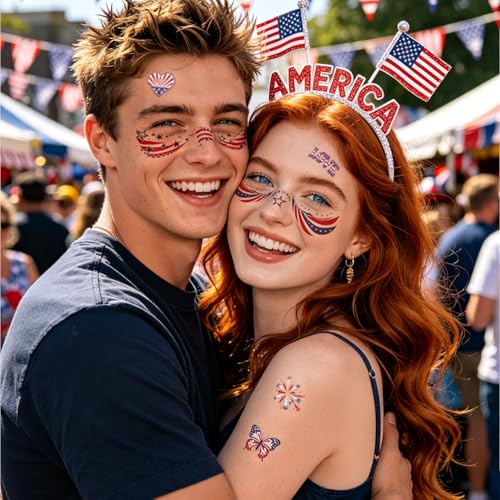 Glitter 4th of July Face Tattoos - Red White Blue Party Favors (18 Sheets)