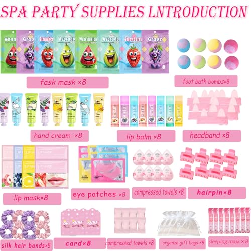 112PCS Spa Party Supplies for Women, Spa Party Favors Include Face Masks,Hand Cream,Lip Mask,Spa Headband and Foot Bath Bombs Bulk Birthday Sleepover Party Supplies for Women